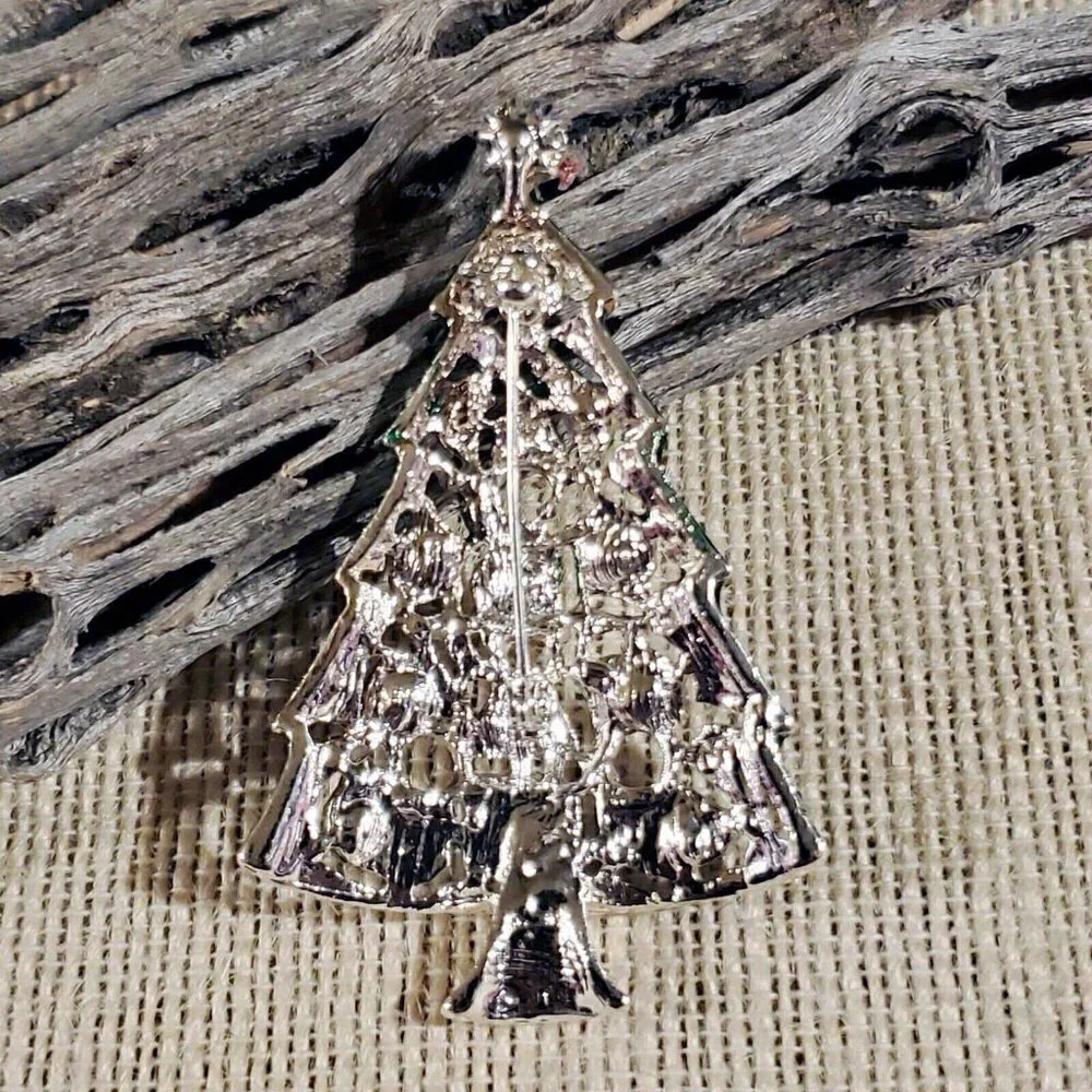 Y2K 90s VintageRed Rhinestone Christmas Tree Enamel Christmas Sweater Pin Brooch